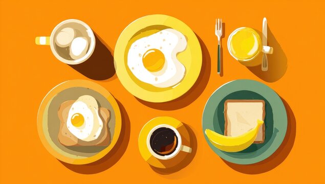 Flat lay of a colorful breakfast spread