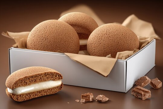 Three round, light-brown cookies in a white box, with a sliced cookie and chocolate pieces