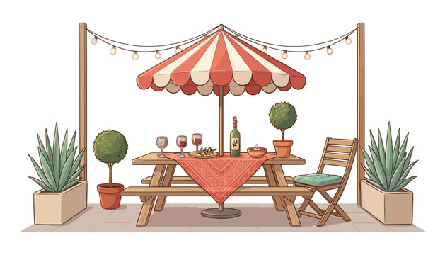 Cozy outdoor patio dining setup vector illustration with wooden picnic table striped umbrella string lights and potted plants