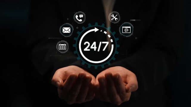 Hands Offering 24-7 Support Symbol With Communication Icons Representing Availability And Customer Service Solutions. Entropy.