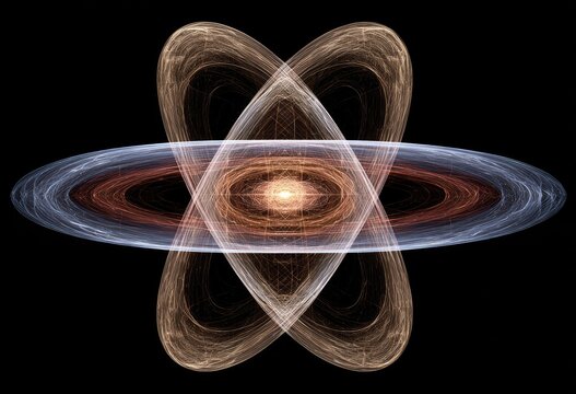 Abstract, symmetrical atom-like structure.  Intertwined, glowing,  color gradients