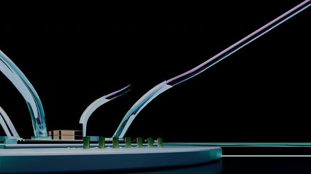 Ground-level macro sweep skimming across reflective dark substrate and neon data bus traces, panoramic framing.