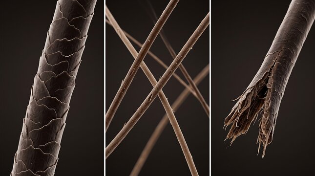 Extreme close up microscopic views of human hair showing healthy cuticle structure and damaged split ends