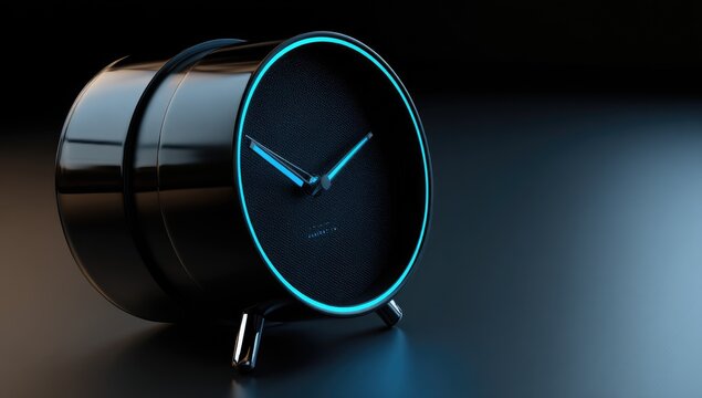 Sleek black cylinder alarm clock with glowing blue accents