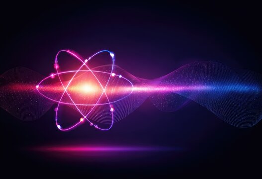 Neon atom graphic with glowing particles