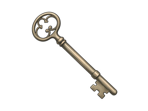 Vintage style ornate metal key for antique door lock with skeleton key old fashioned home security metal object door hardware security ornamental decorative artifact as isolated element