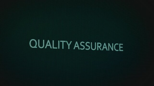Quality Assurance word text typing animation on a computer screen in After Effects. Motion graphics highlight testing, standards, and modern digital process improvement concepts.