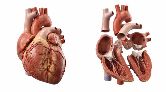 Detailed Anatomical Study of the Human Heart Structure Including Exterior View and Internal Cross Section for Medical Education and Healthcare Illustration