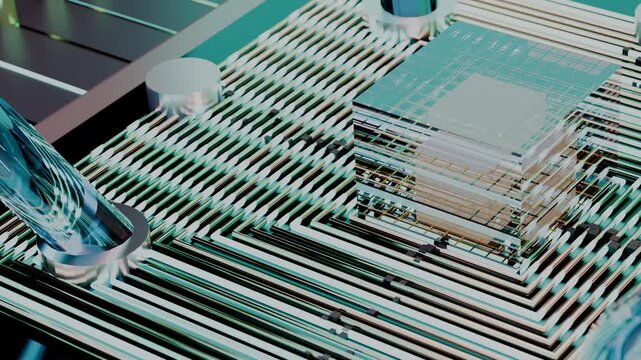 Close-up isometric focus on central ruby quantum core emitter discharging high-density logic signals, panoramic framing.