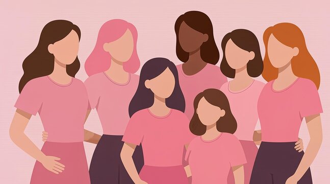 Diverse group of women and girls in pink outfits standing together for community support