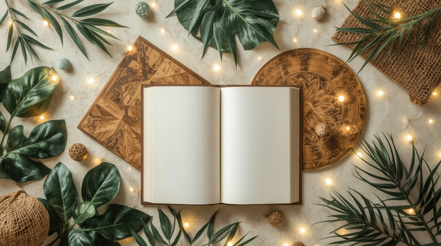 Open book botanical decoration warm light creates serene cultural preservation template