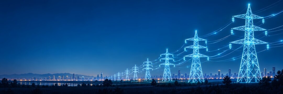 Wide panoramic landscape of illuminated smart grid transmission towers with digital lines distributing efficient electricity to a modern city skyline at dusk