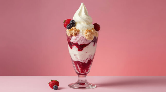 Modern ice cream sundae with berry topping and whipped cream creates tempting dessert