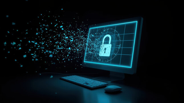Modern protection concept featuring glowing computer screen and digital padlock