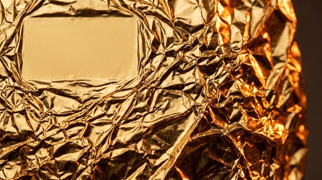 Crumpled gold foil texture macro background with warm metallic reflections and smooth blank panel, luxury backdrop with copy space for premium banner