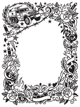 Vintage American Traditional Tattoo Style Vector Frame with Military Vehicle Roses and Daggers