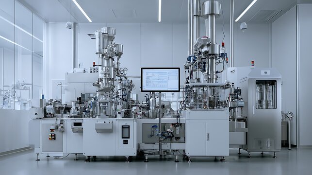 Manufacturing continuous pharmaceutical manufacturing line running 24 hours, closed integrated process from raw material input to finished tablet output in one connected system, process analytical 