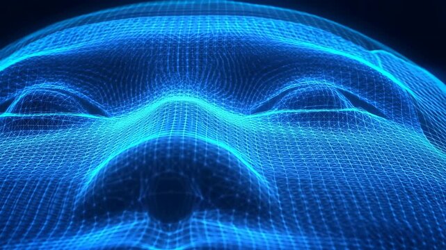 Glowing blue wireframe human face shifts across a dark background as luminous grid contours form eyes, nose and facial curves in a close frontal view with flowing digital motion