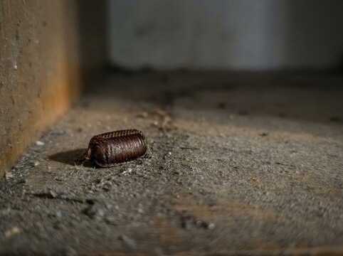 A cockroach egg case resting on a grimy surface