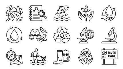 Fototapeta premium Ecology Icons: River Care, Nature, Science, Conservation, Recycling, Sustainability