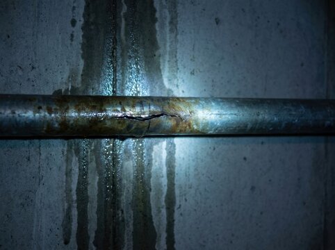 A cracked water pipe with a wet split seam and damp streaks...
