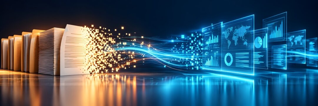 Digital transformation strategy converting physical paper documents into glowing electronic data streams and futuristic analytical business dashboards