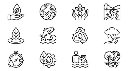 Fototapeta premium Eco Icons Set: Nature, Planet, Water, Recycling, Rain, Tree, Hands