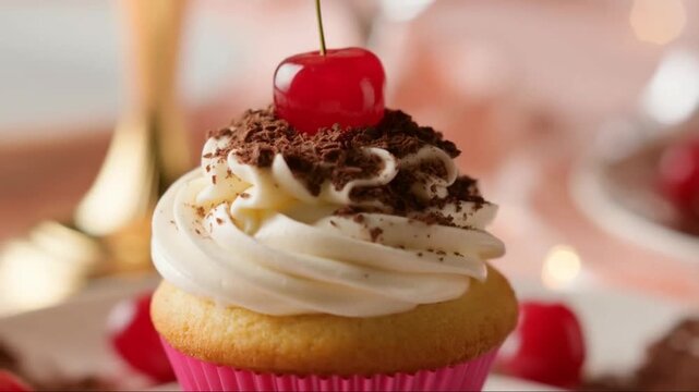 Delicious gourmet cupcake decorated with creamy frosting, chocolate shavings, and a bright red cherry on top, perfect for celebrations and dessert lovers