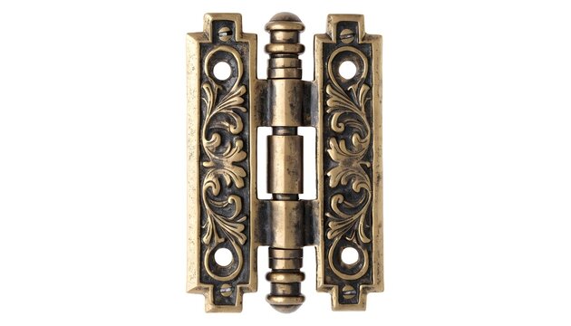 Antique decorative brass hinge featuring ornate floral relief work is displayed on a white background.