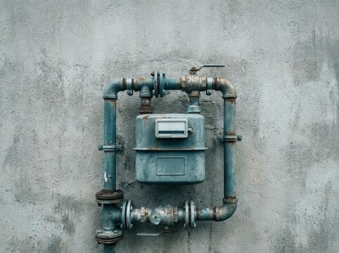 A metal gas meter fixed to a plain exterior house wall with...