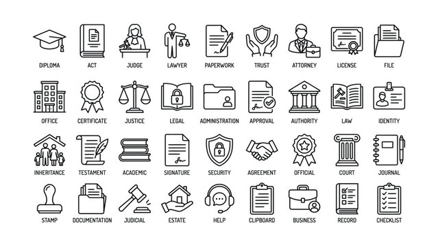Collection of legal and administrative icons with transparent background for various uses