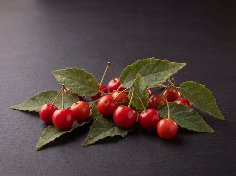 Fresh keres kersen Jamaican cherry berries with serrated leaves on dark background