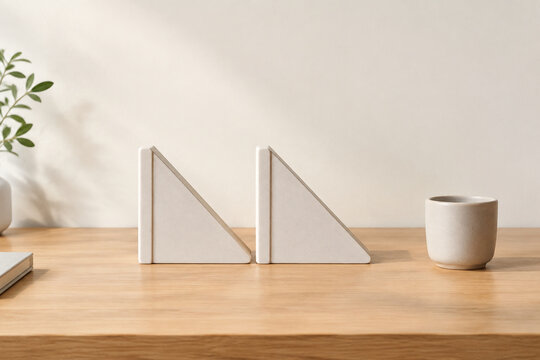 Two identical triangular bookends in row on oak desk with ceramic cup, minimalist desk organization concept