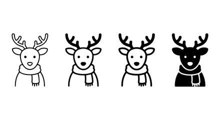 Obraz premium Christmas reindeer icon set, 4 winter deer vector elements, minimalist holiday animal symbols with scarves, black and white festive graphics