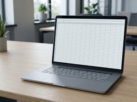 A laptop screen displaying a blank spreadsheet layout with an...
