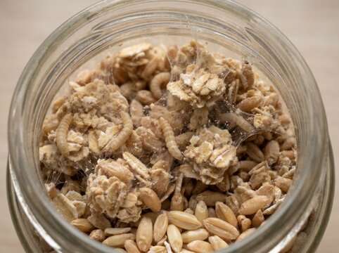 Pantry moth larvae and silken webbing tangled through stored grain