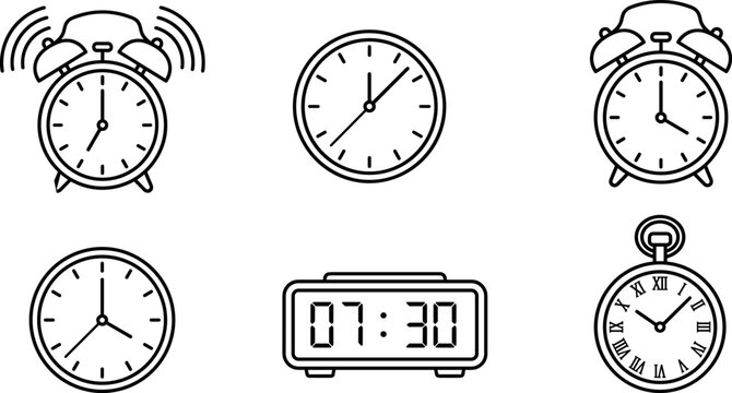 Clock and time line art vector icon set featuring ringing alarm clocks digital display and vintage pocket watch