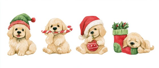 Fototapeta premium Cute watercolor illustration of A Golden Retriever Puppy wearing a festive hat, chewing a candy cane, playing with an ornament, and sleeping in a Christmas stocking, four different poses in a