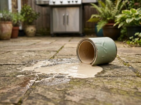 An overturned paint can spreading a slow thick puddle across a floor
