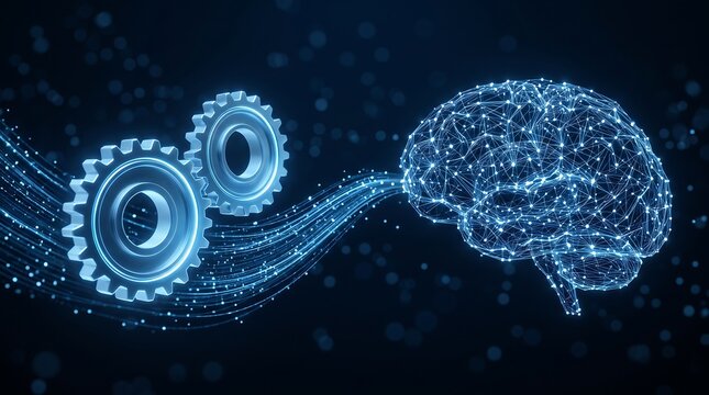 Futuristic digital human brain connected to mechanical gears representing artificial intelligence development and advanced machine learning processes in corporate technology business environment
