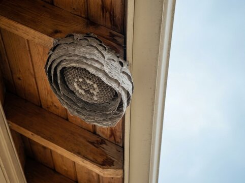 A papery wasp nest tucked under the eaves of a house