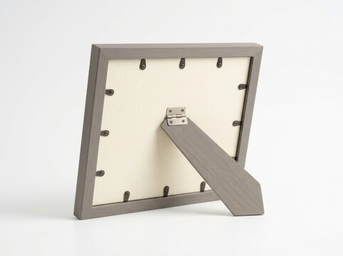 The back of a rectangular picture frame with a hinged fold-out...