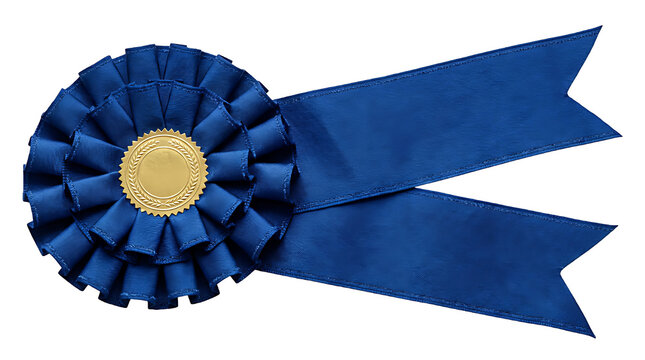 A blue fabric rosette award ribbon with a gold center button isolated on a white background