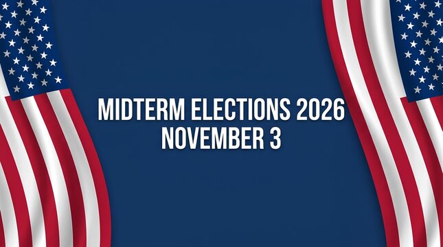 US Midterm Elections 2026 announcement on blue background with flags.