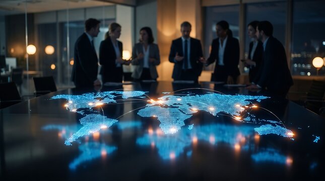 Professional business team standing around a dark table with a large illuminated digital world map showing global data network connections in a modern corporate office at night