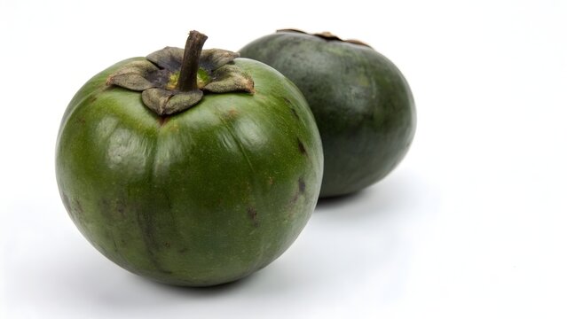 Two unripe black sapote fruits arranged on a white background.