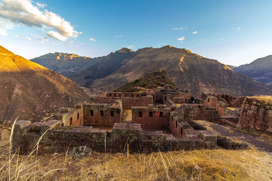 Inca ruins in the Andean landscape at Intiwatana, Pisac, Peru