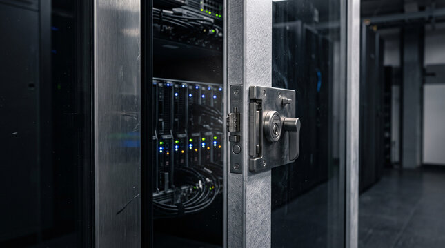 Secured server cabinet with mechanical lock in data center room