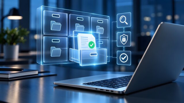 Futuristic digital document management system displaying secure holographic file folders and cybersecurity protection icons emerging from a modern laptop computer on an office desk