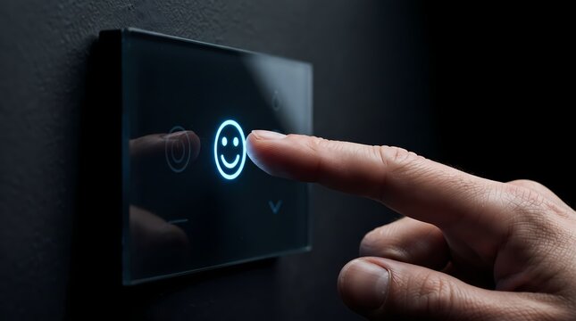 A finger presses a glowing smiley face icon on a dark wall mounted temperature control panel to indicate user satisfaction with the home automation heating system settings in a residential house